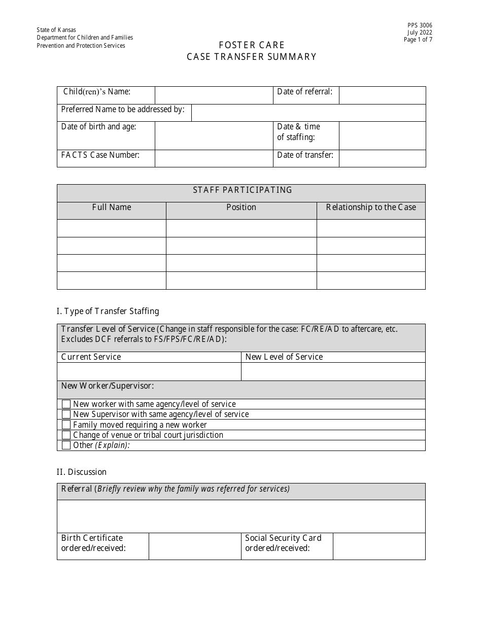 Form PPS3006 Foster Care Case Transfer Summary - Kansas, Page 1