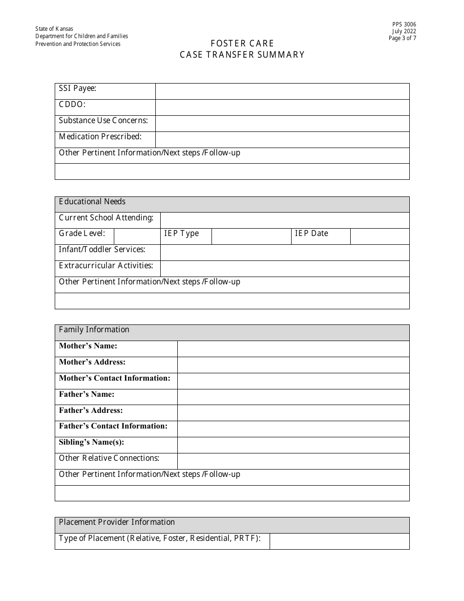 Form PPS3006 Foster Care Case Transfer Summary - Kansas, Page 3
