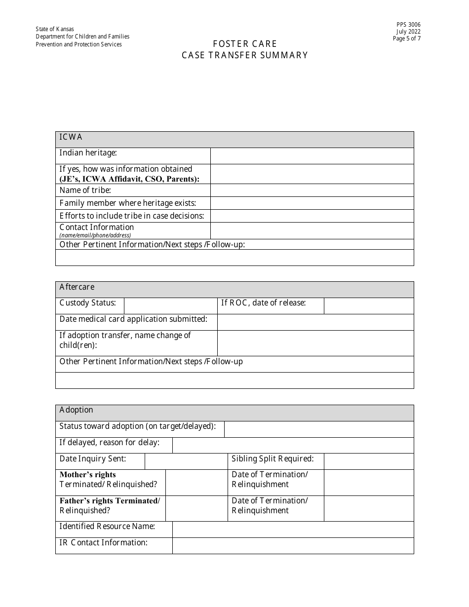 Form PPS3006 Foster Care Case Transfer Summary - Kansas, Page 5