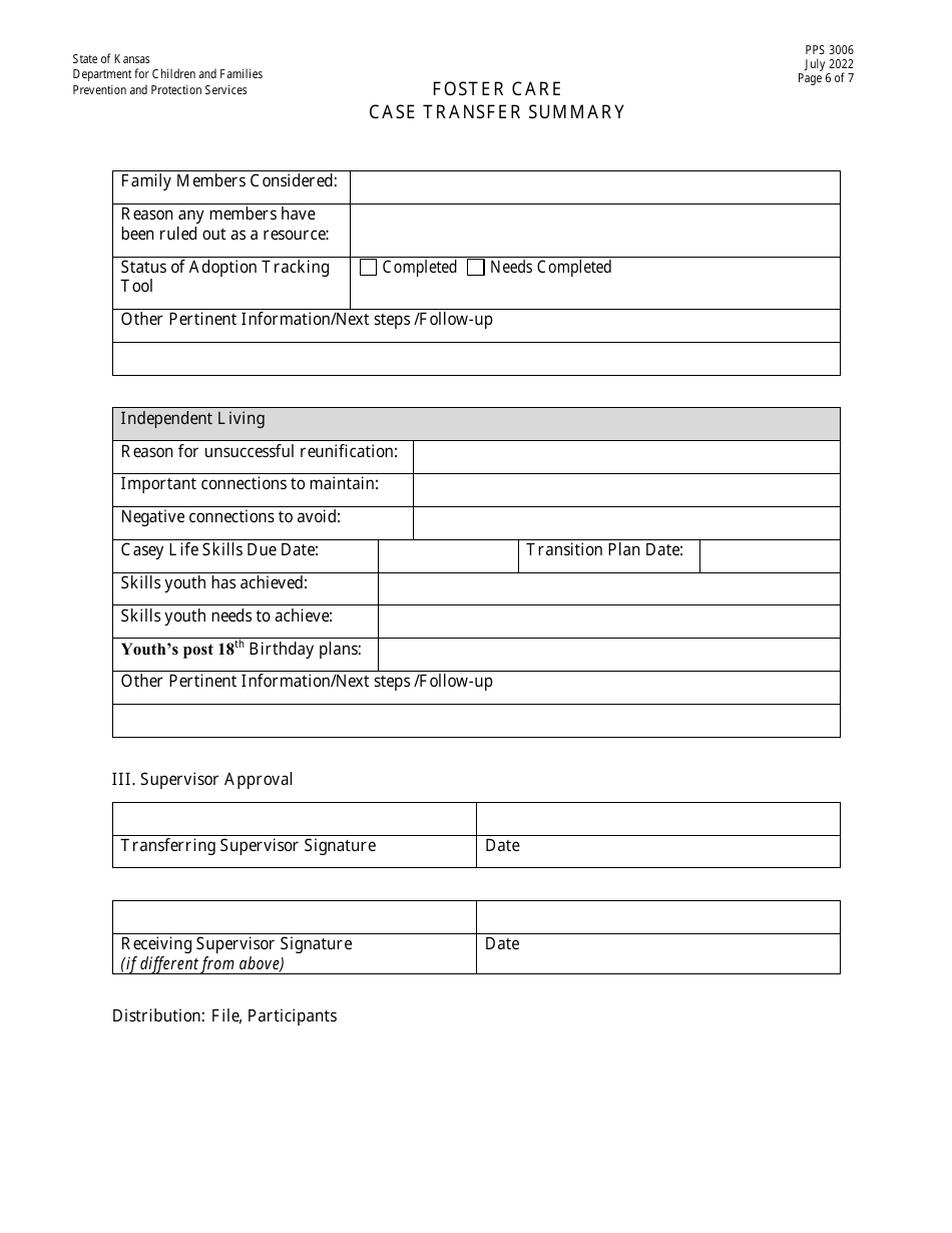 Form PPS3006 Foster Care Case Transfer Summary - Kansas, Page 6