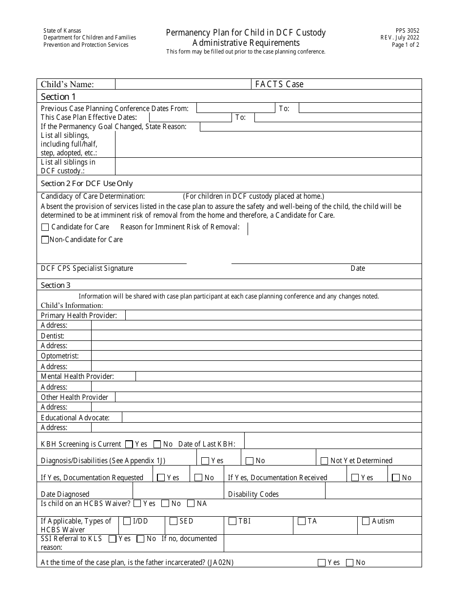Form PPS3052 Permanency Plan for Child in Dcf Custody Administrative Requirements - Kansas, Page 1