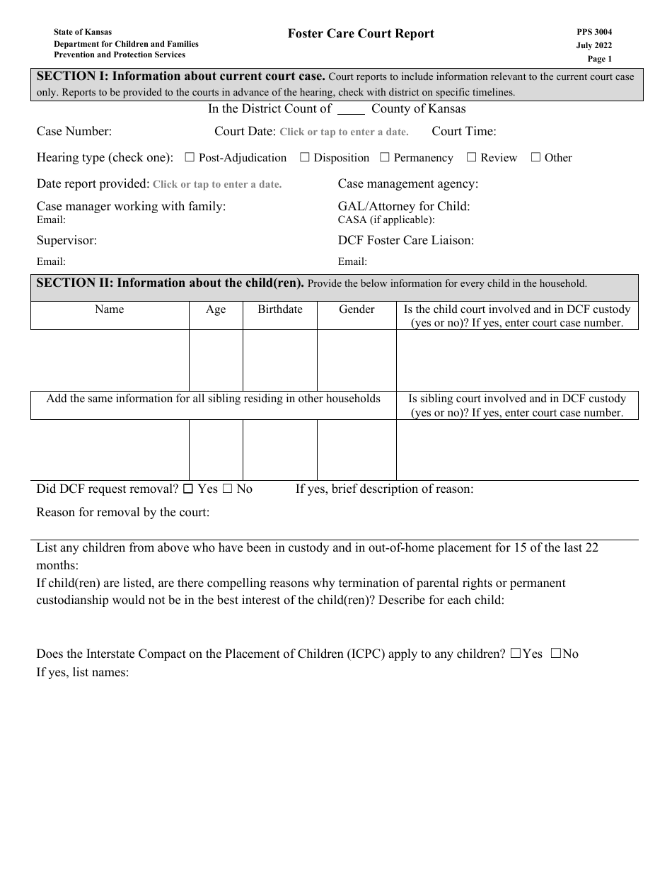Form PPS3004 Foster Care Court Report - Kansas, Page 1