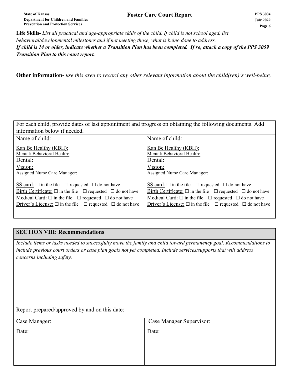 Form PPS3004 Foster Care Court Report - Kansas, Page 6