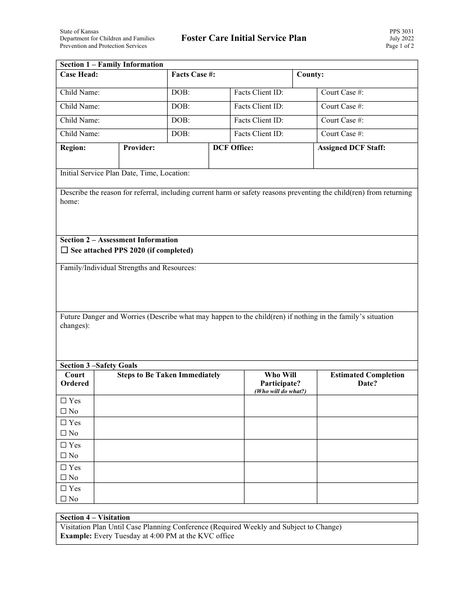Form PPS3031 Foster Care Initial Service Plan - Kansas, Page 1