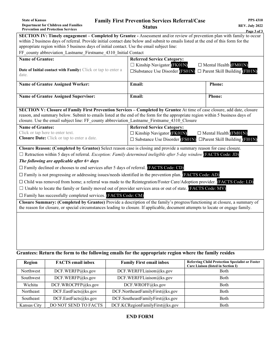 Form PPS4310 Family First Prevention Services Referral / Case Status - Kansas, Page 3