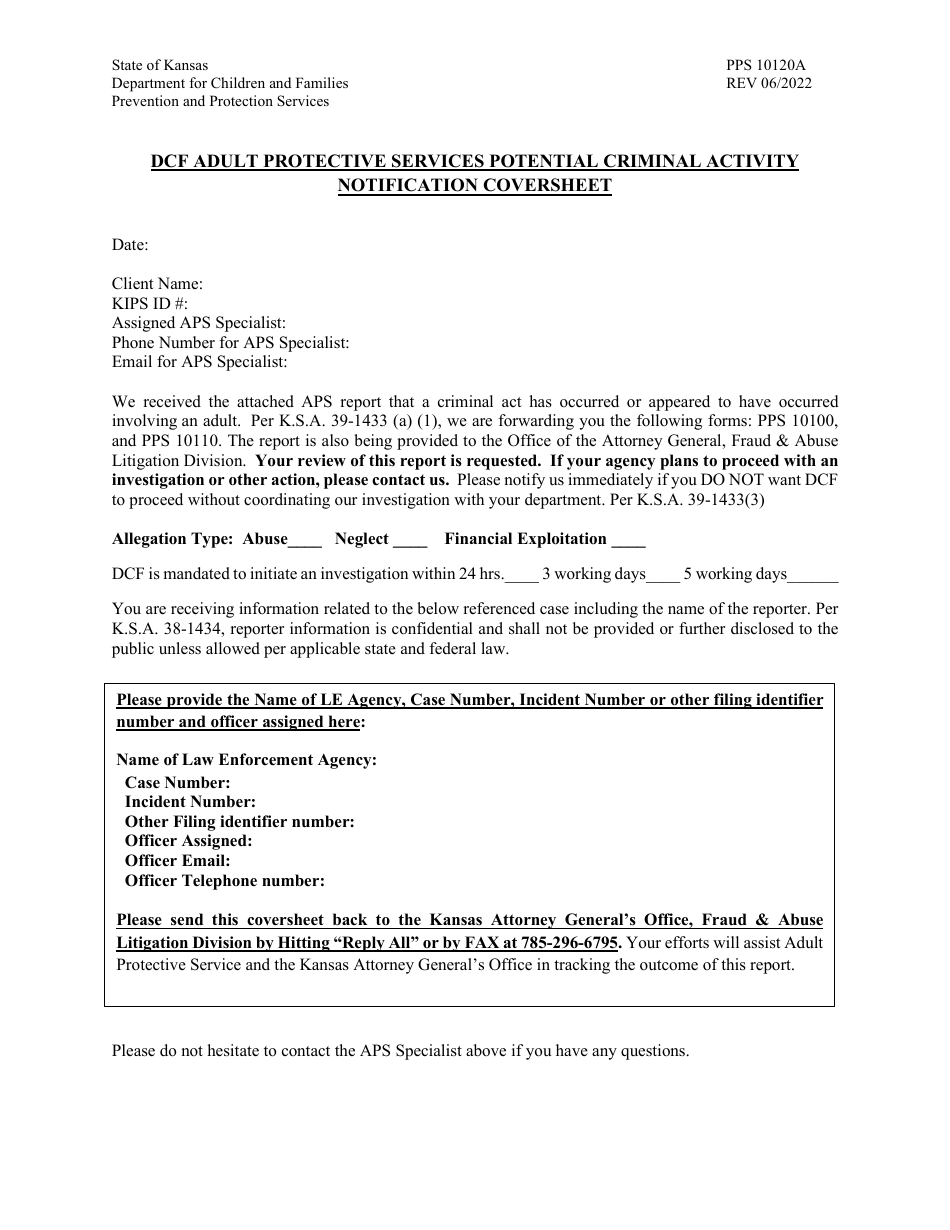 Form PPS10120A Dcf Adult Protective Services Potential Criminal Activity Notification Coversheet - Kansas, Page 1