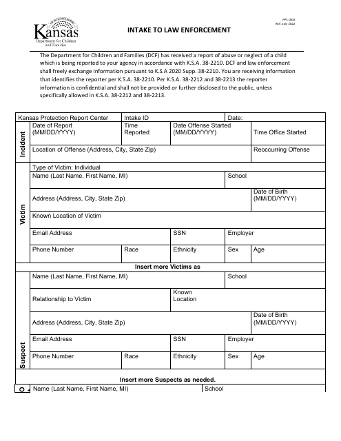 Form PPS1003 Intake to Law Enforcement - Kansas