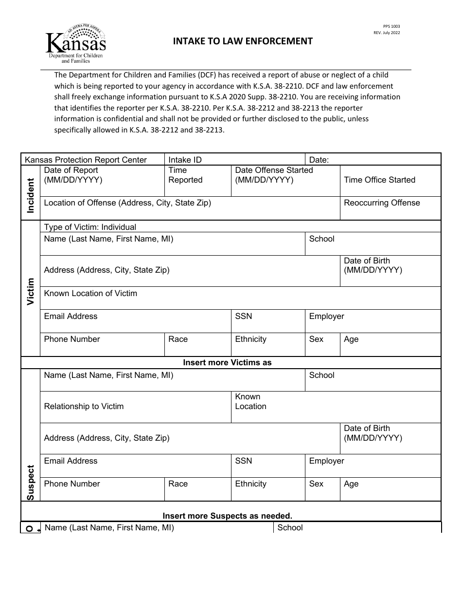 Form PPS1003 Intake to Law Enforcement - Kansas, Page 1