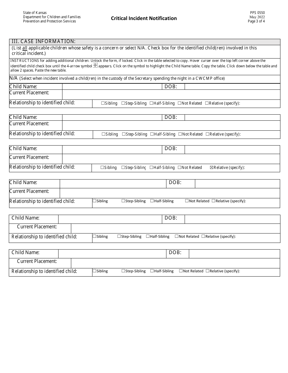 Form PPS0550 Critical / Significant Incident Notification - Kansas, Page 3