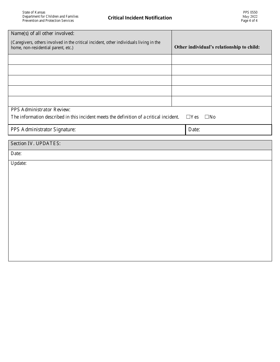 Form PPS0550 Critical / Significant Incident Notification - Kansas, Page 4