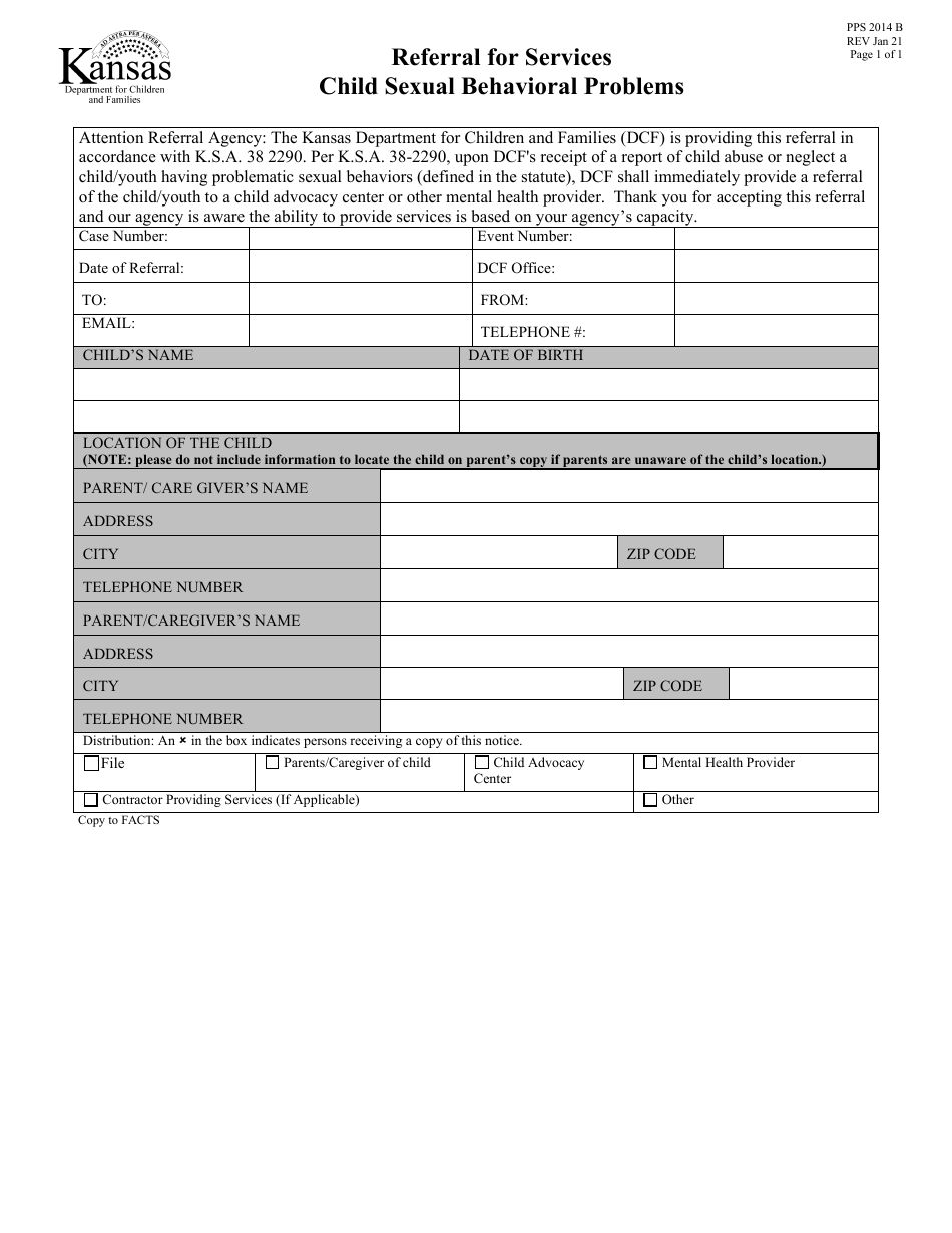 Form PPS2014B Referral for Services child Sexual Behavioral Problems - Kansas, Page 1