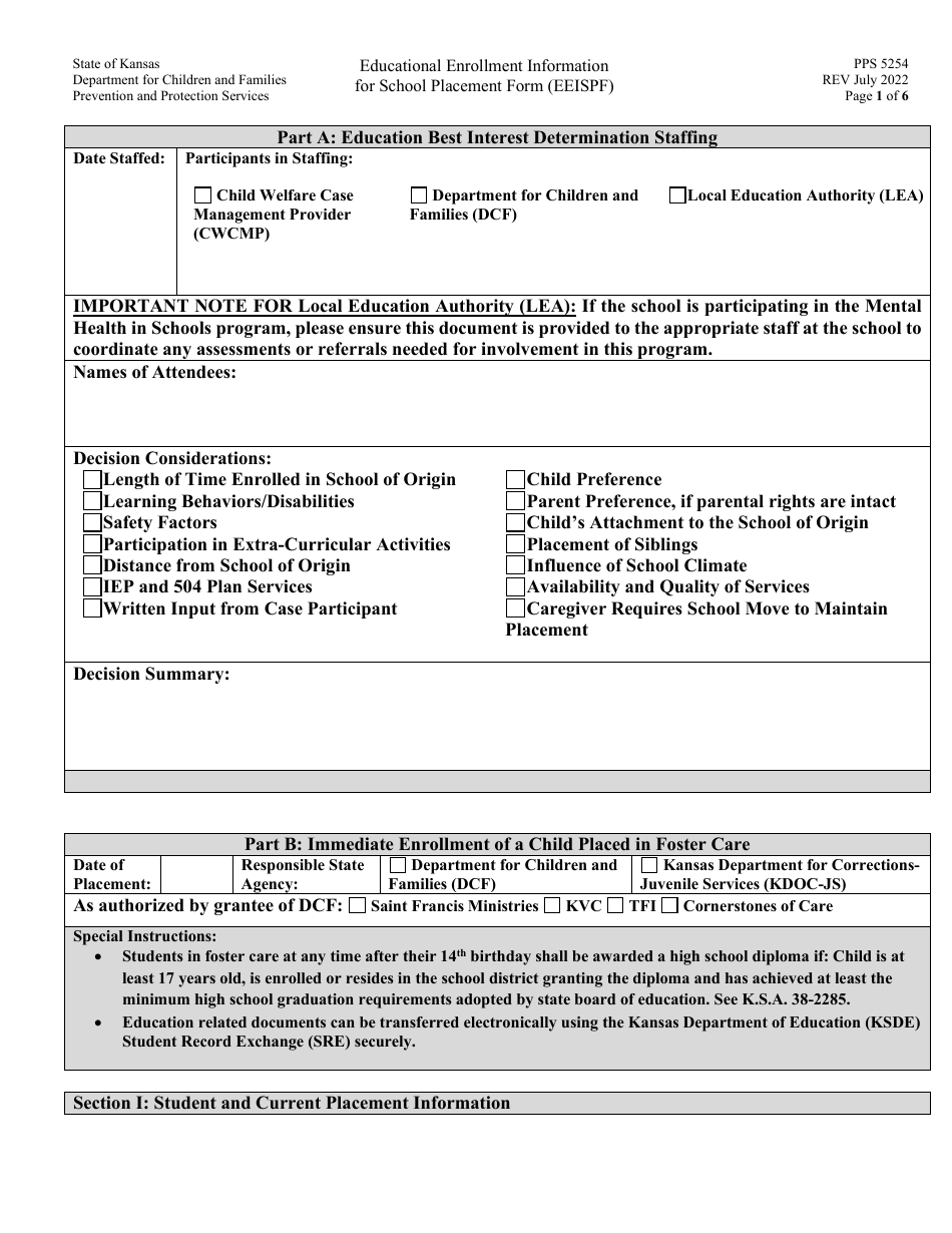 Form PPS5254 educational Enrollment Information for School Placement Form (Eeispf) - Kansas, Page 1