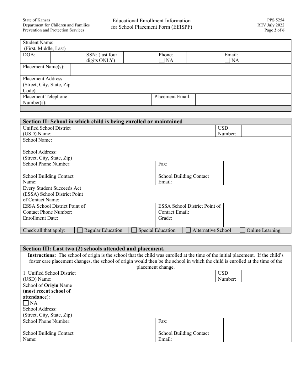 Form PPS5254 educational Enrollment Information for School Placement Form (Eeispf) - Kansas, Page 2