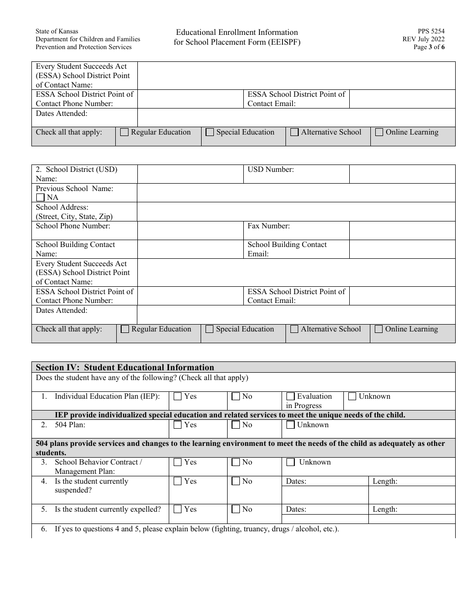 Form PPS5254 educational Enrollment Information for School Placement Form (Eeispf) - Kansas, Page 3