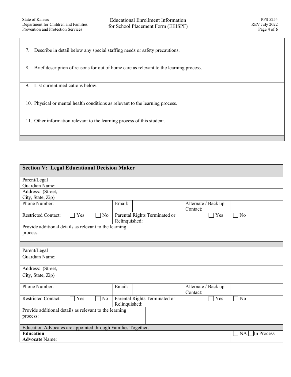 Form PPS5254 educational Enrollment Information for School Placement Form (Eeispf) - Kansas, Page 4