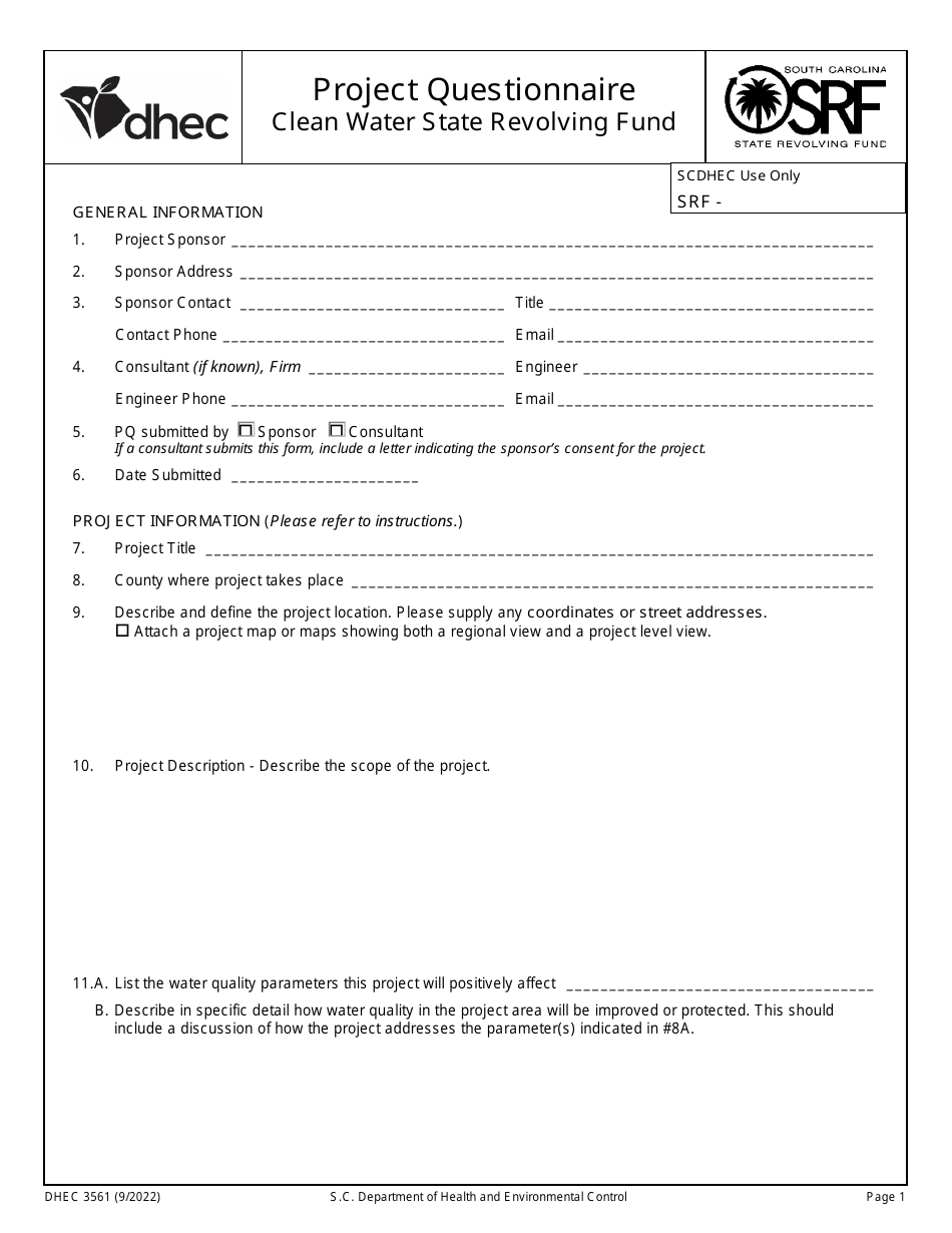 DHEC Form 3561 Clean Water State Revolving Fund Project Questionnaire - South Carolina, Page 1