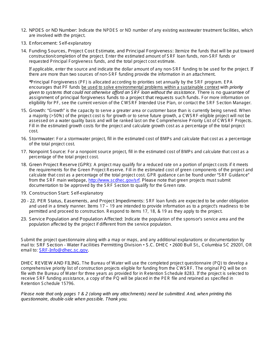 DHEC Form 3561 Clean Water State Revolving Fund Project Questionnaire - South Carolina, Page 4