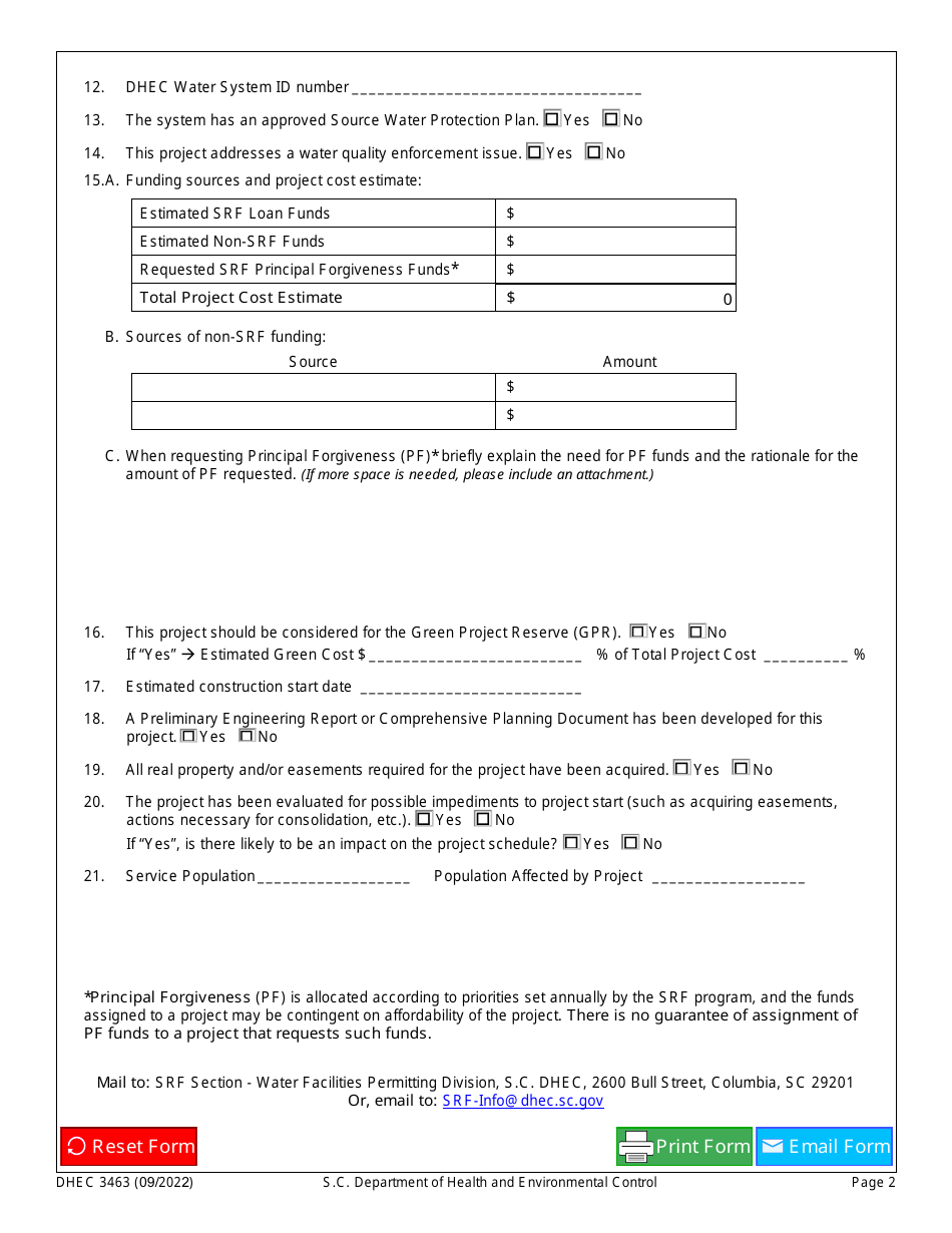 DHEC Form 3463 Drinking Water State Revolving Fund Project Questionnaire - South Carolina, Page 2