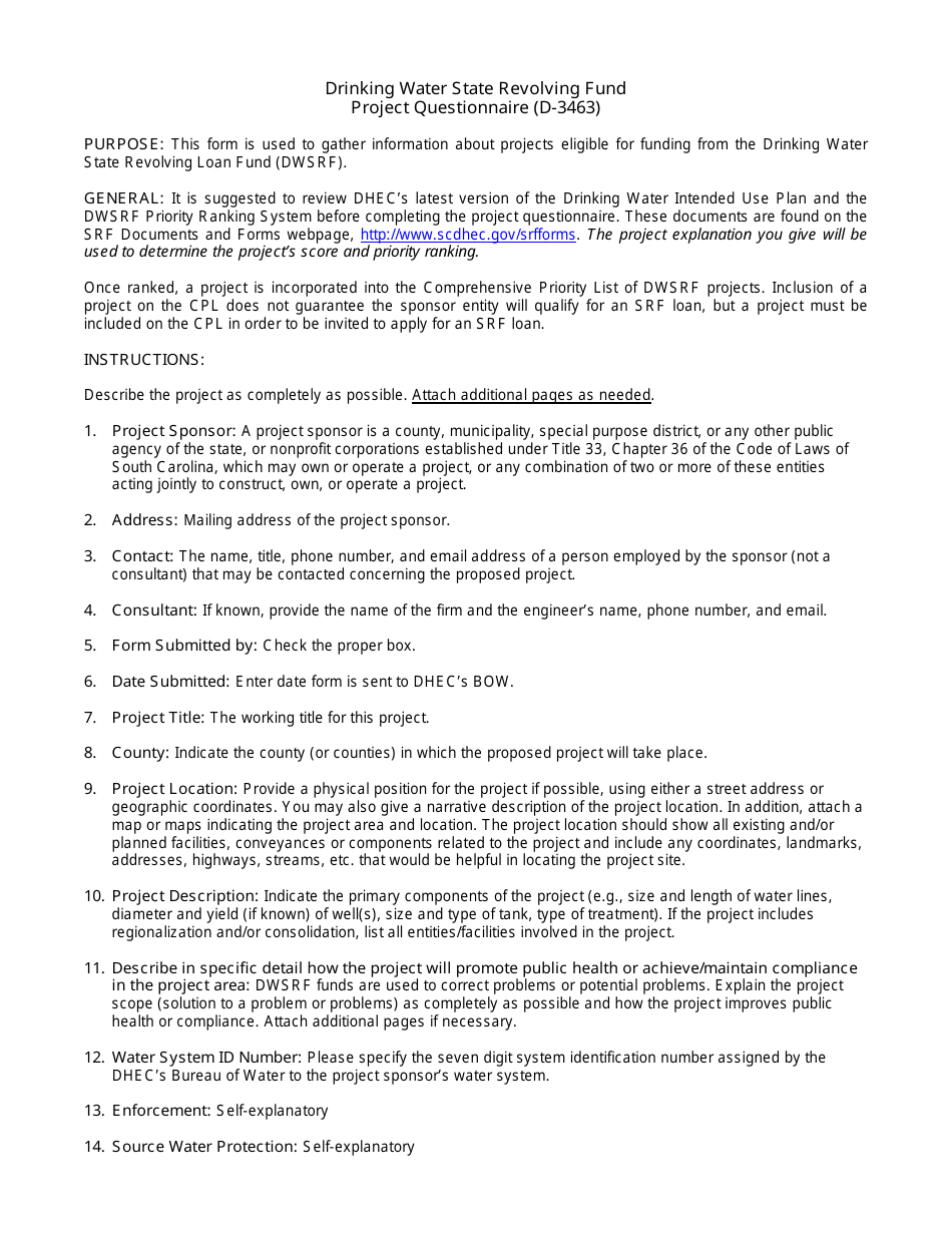 DHEC Form 3463 Drinking Water State Revolving Fund Project Questionnaire - South Carolina, Page 3