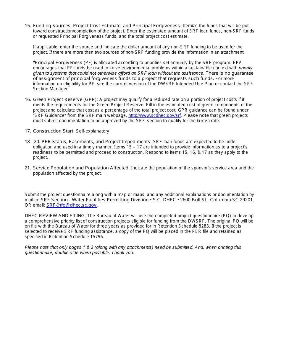 DHEC Form 3463 Drinking Water State Revolving Fund Project Questionnaire - South Carolina, Page 4