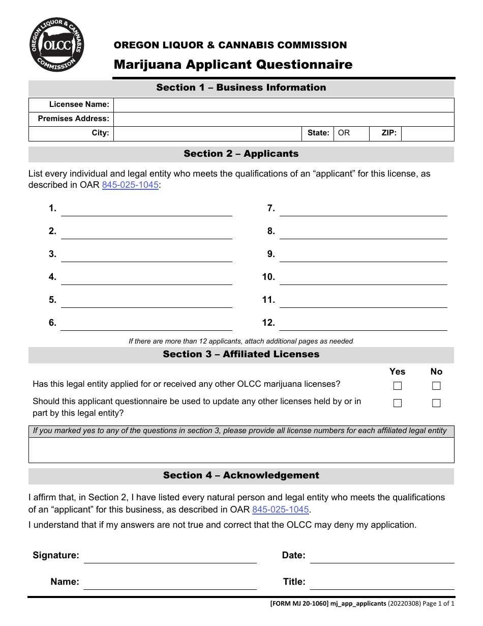 Form MJ20-1060 Marijuana Applicant Questionnaire - Oregon, Page 2