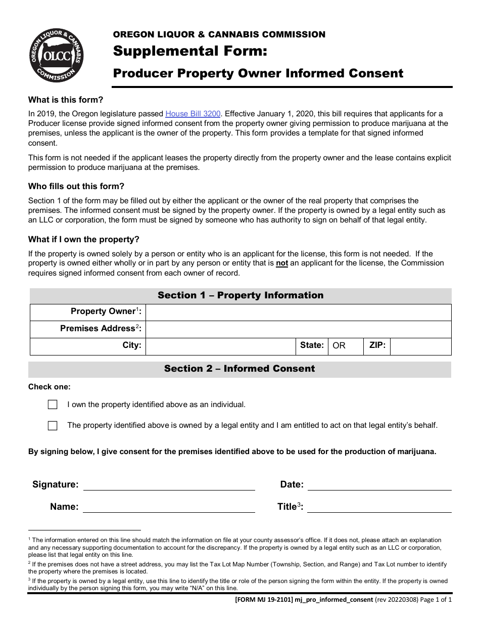 Form MJ19-2101 Producer Property Owner Informed Consent - Oregon, Page 1