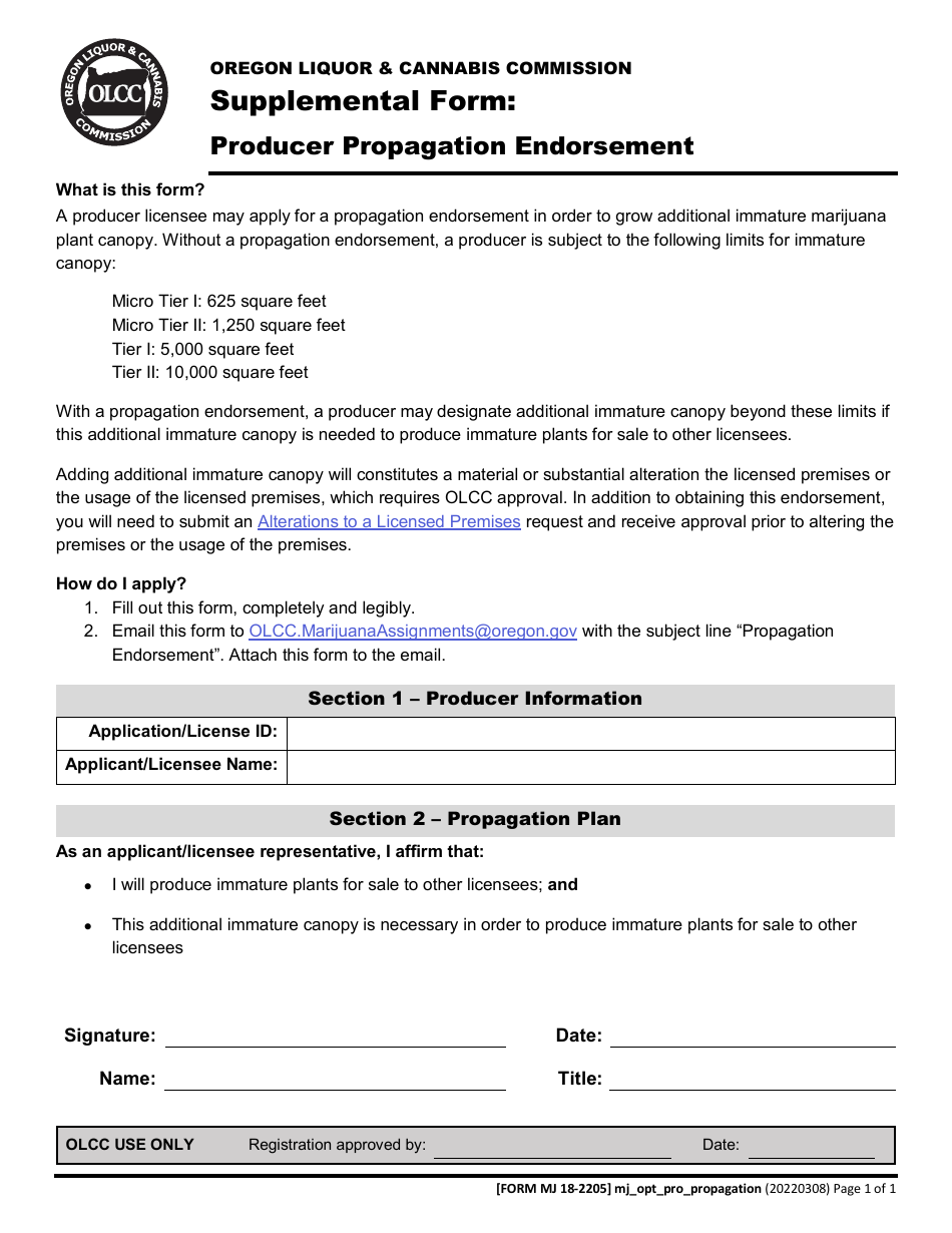 Form MJ18-2205 Producer Propagation Endorsement - Oregon, Page 1