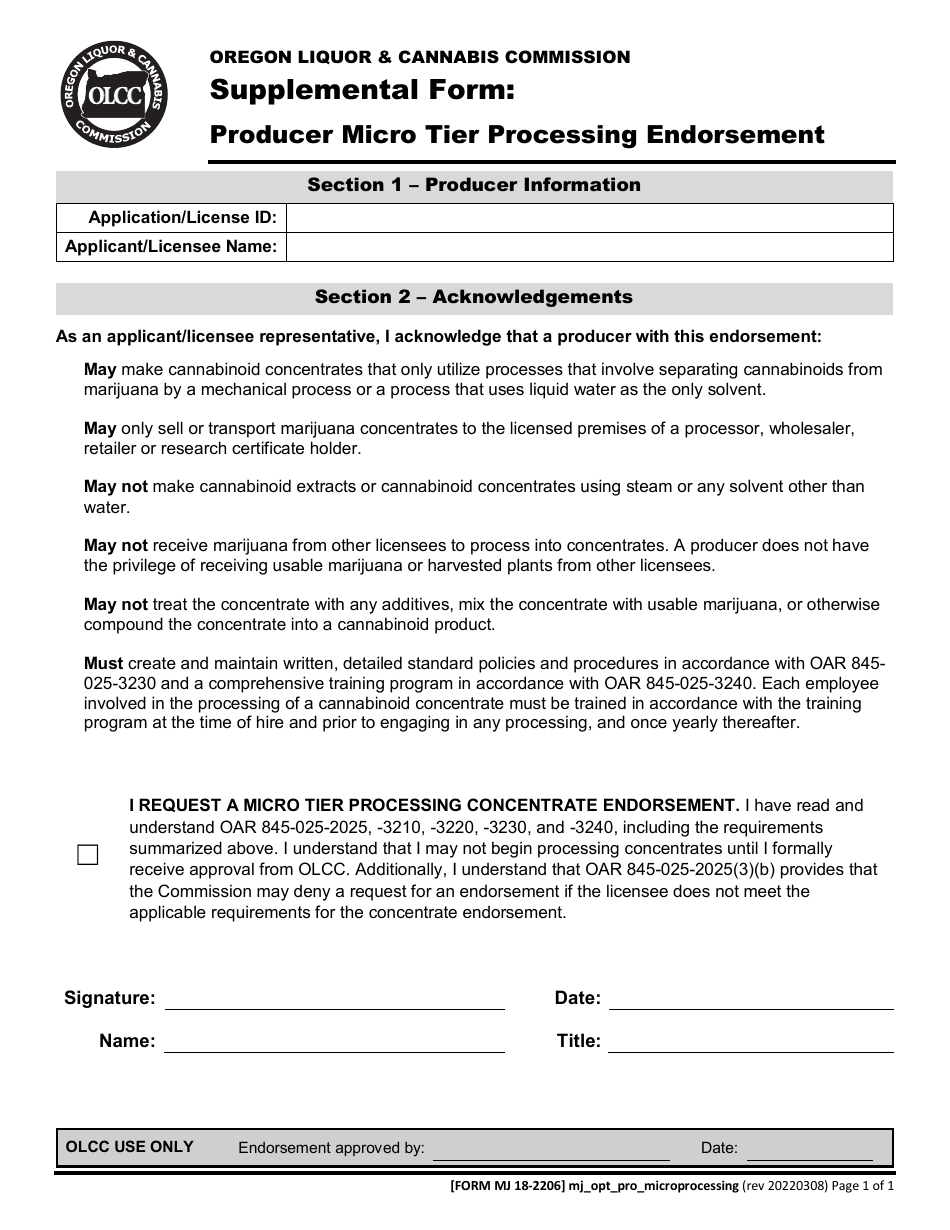 Form MJ18-2206 Producer Micro Tier Processing Endorsement - Oregon, Page 2