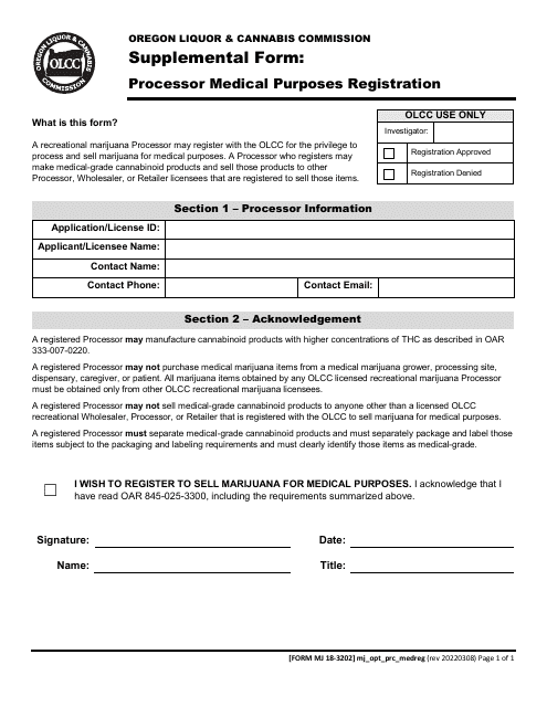 Form MJ18-3202 Processor Medical Purposes Registration - Oregon
