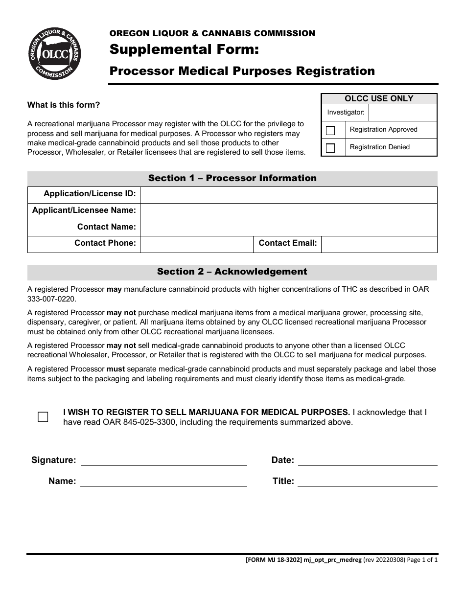 Form MJ18-3202 Processor Medical Purposes Registration - Oregon, Page 1