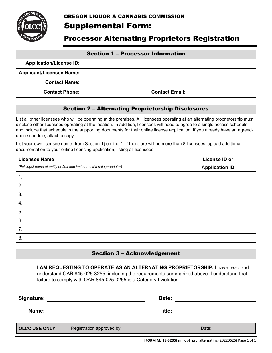 Form MJ18-3205 Processor Alternating Proprietors Registration - Oregon, Page 2