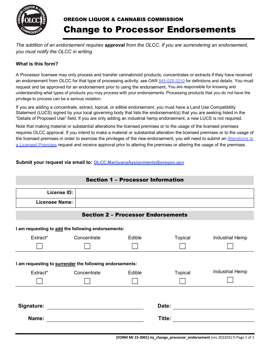 Form MJ153001 Download Fillable PDF or Fill Online Change to Processor