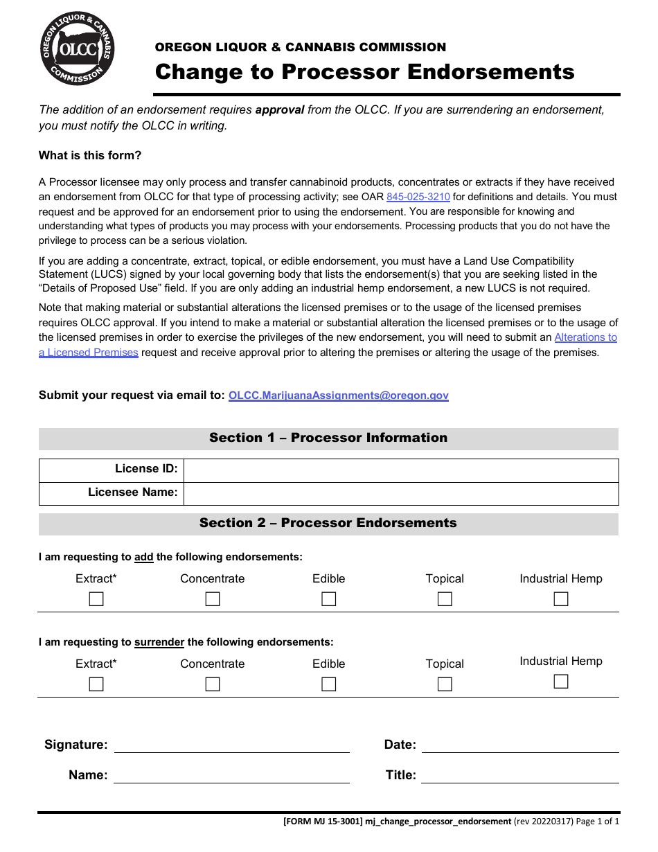 Form MJ15-3001 Change to Processor Endorsements - Oregon, Page 1