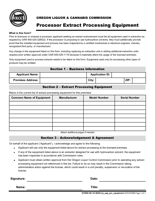 Form MJ19-3003 Processor Extract Processing Equipment - Oregon