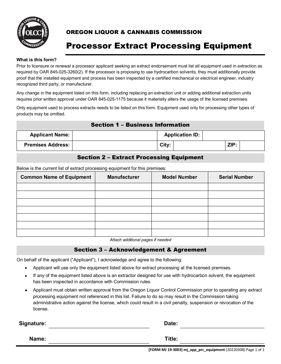 Form MJ19-3003 Processor Extract Processing Equipment - Oregon, Page 1
