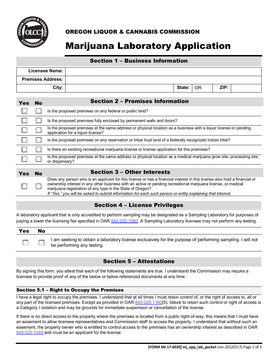 Form MJ17-6020 Marijuana Laboratory Application - Oregon, Page 2