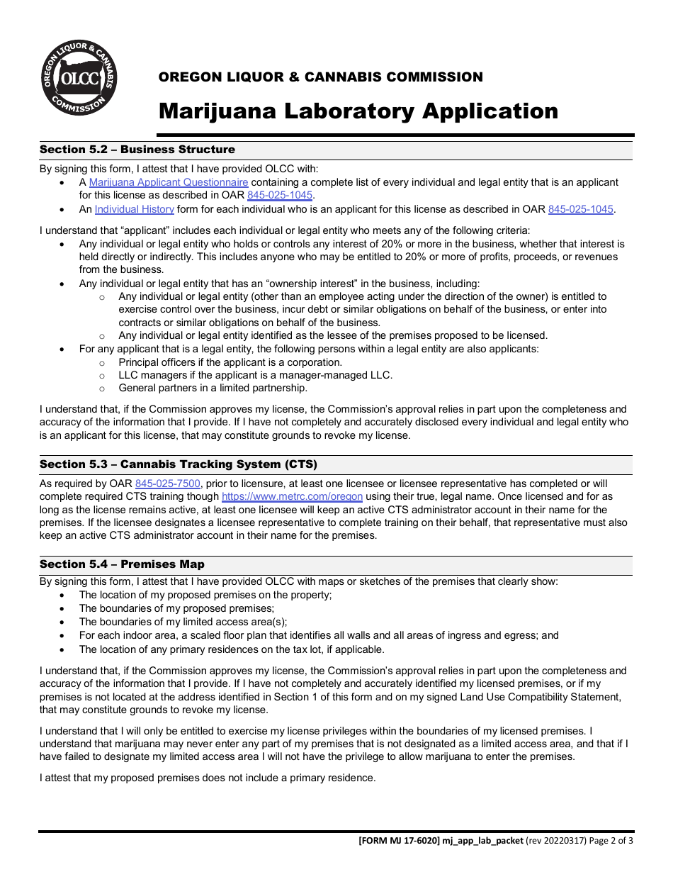 Form MJ17-6020 Marijuana Laboratory Application - Oregon, Page 3
