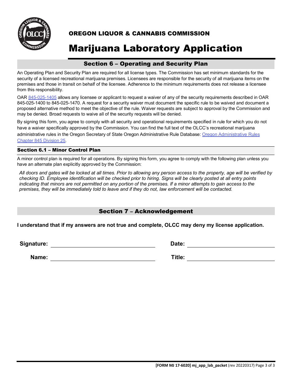 Form MJ17-6020 Marijuana Laboratory Application - Oregon, Page 4