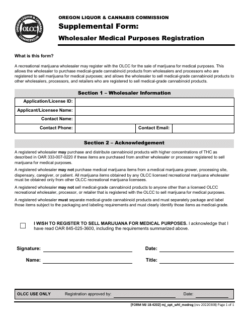 Form MJ18-4202 Supplemental Form: Wholesaler Medical Purposes Registration - Oregon