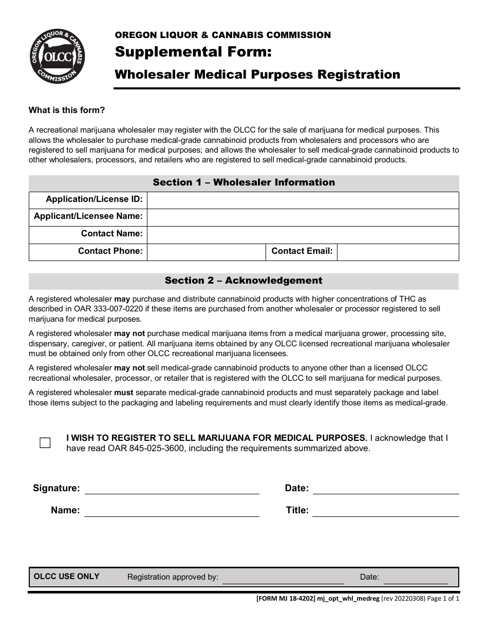Form MJ18-4202 Supplemental Form: Wholesaler Medical Purposes Registration - Oregon, Page 1