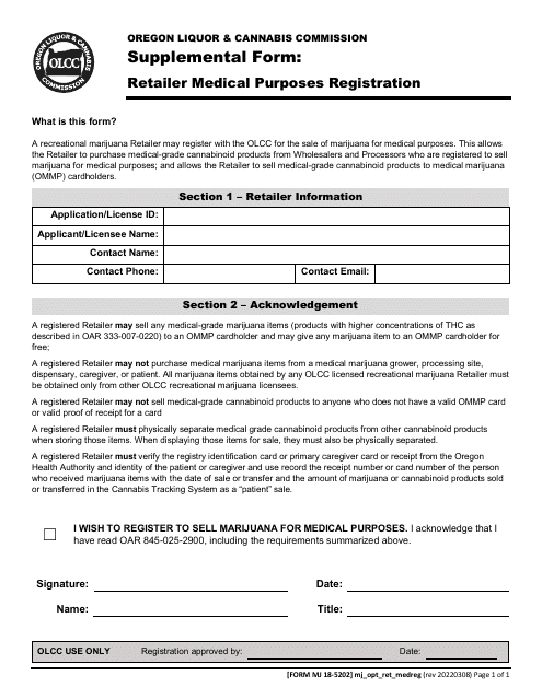 Form MJ18-5202 Supplemental Form - Retailer Medical Purposes Registration - Oregon