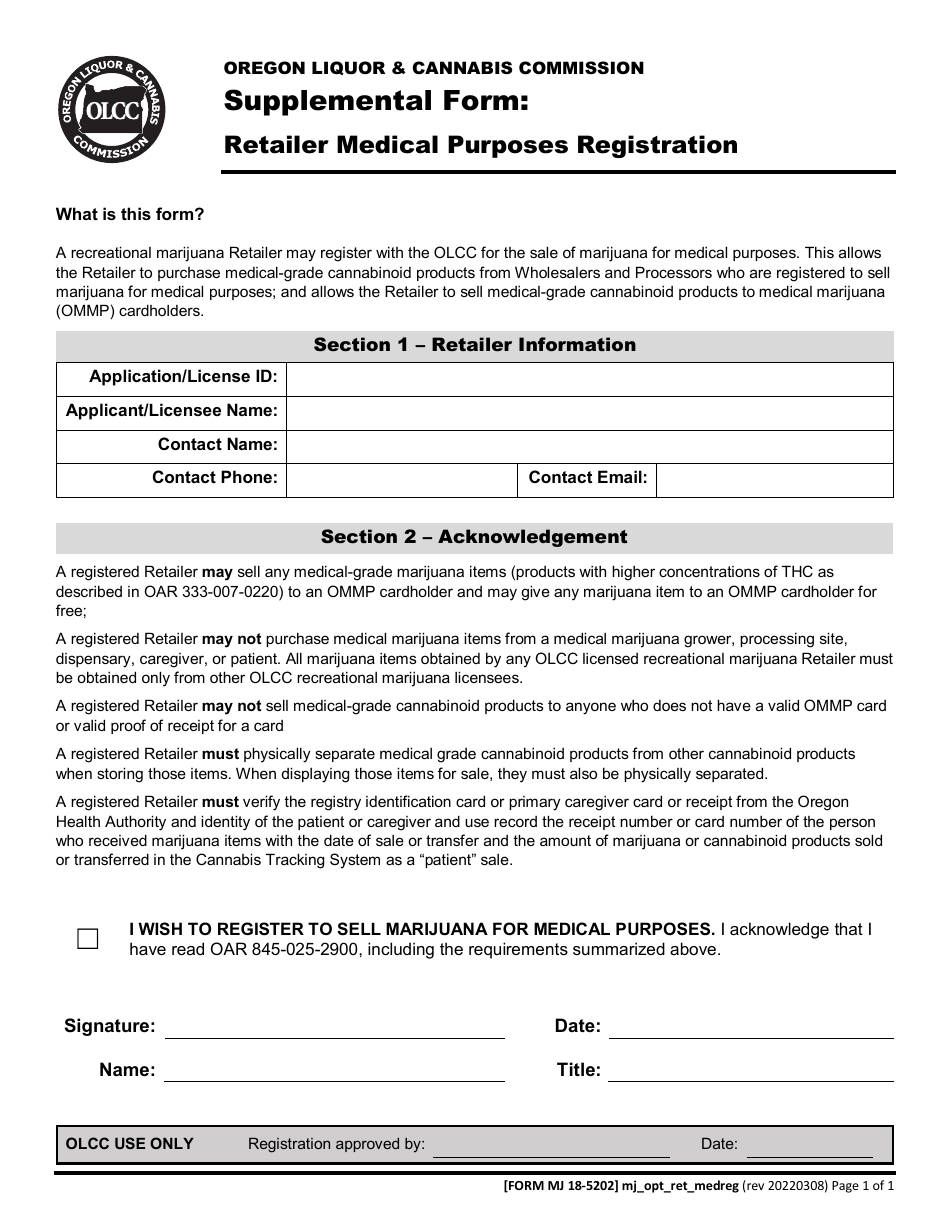 Form MJ18-5202 Supplemental Form - Retailer Medical Purposes Registration - Oregon, Page 1