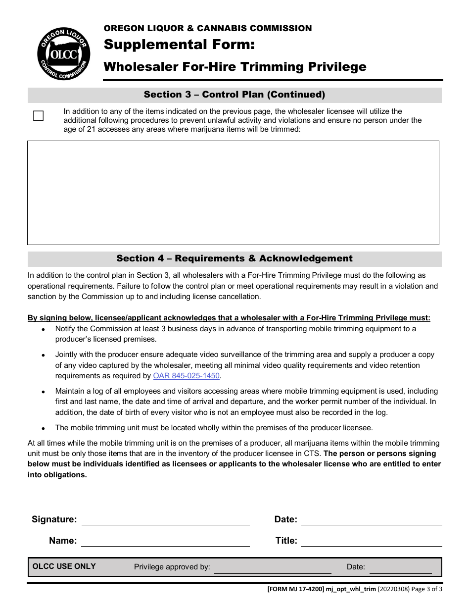Form MJ17-4200 Supplemental Form - Wholesaler for-Hire Trimming Privilege - Oregon, Page 4