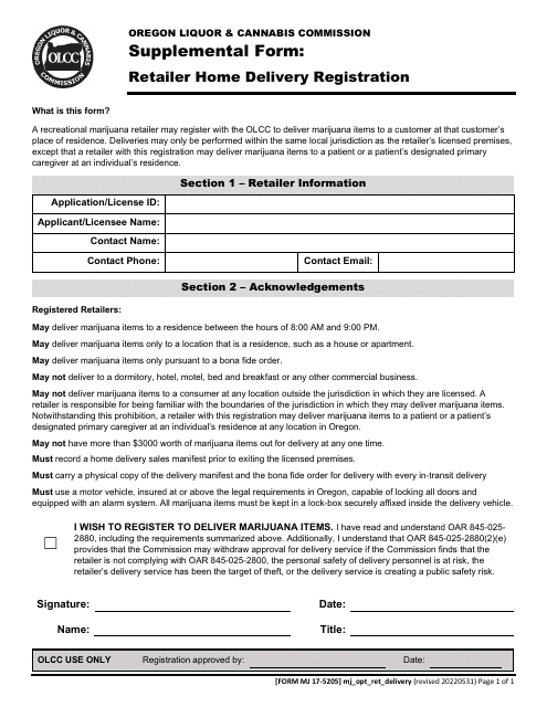 Form MJ17-5205 Supplemental Form - Retailer Home Delivery Registration - Oregon