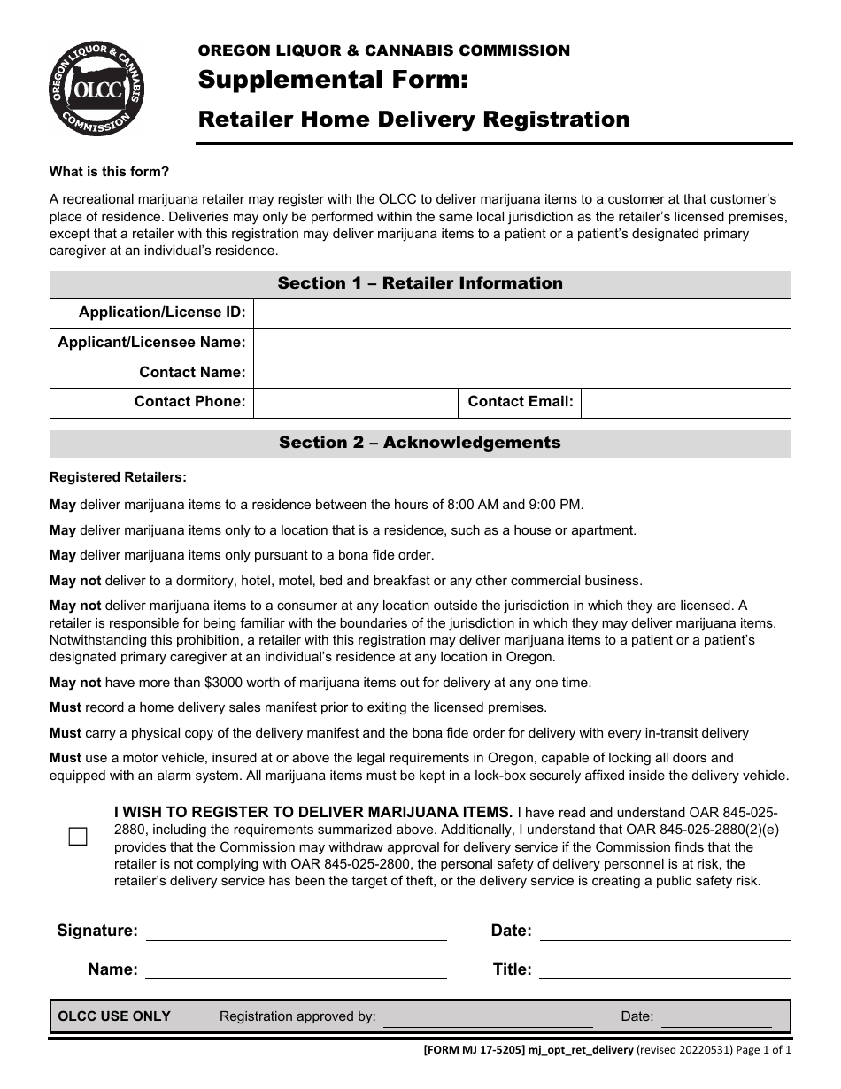 Form MJ17-5205 Supplemental Form - Retailer Home Delivery Registration - Oregon, Page 1