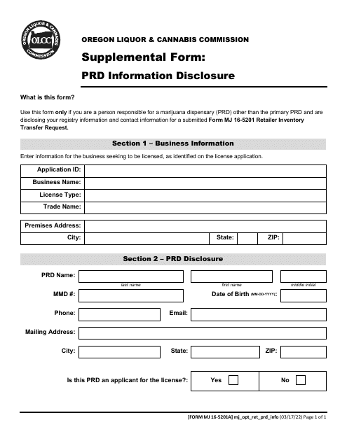 Form MJ16-5201A Supplemental Form - Prd Information Disclosure - Oregon