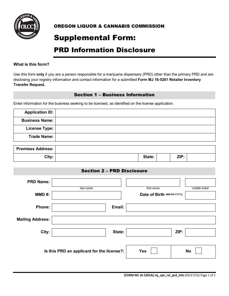 Form MJ16-5201A Supplemental Form - Prd Information Disclosure - Oregon, Page 1