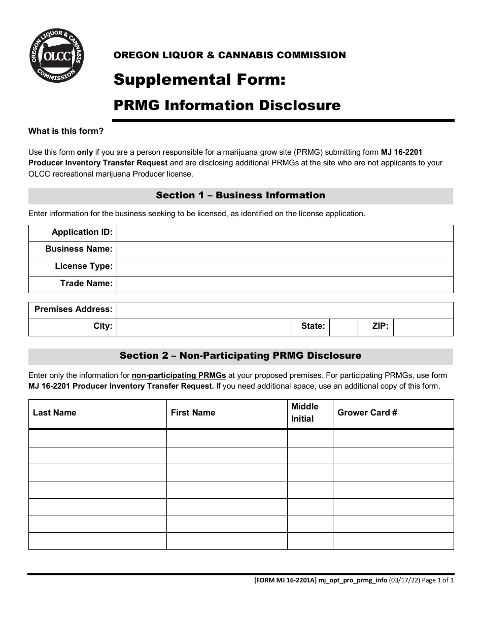 Form MJ16-2201A Supplemental Form: Prmg Information Disclosure - Oregon, Page 1
