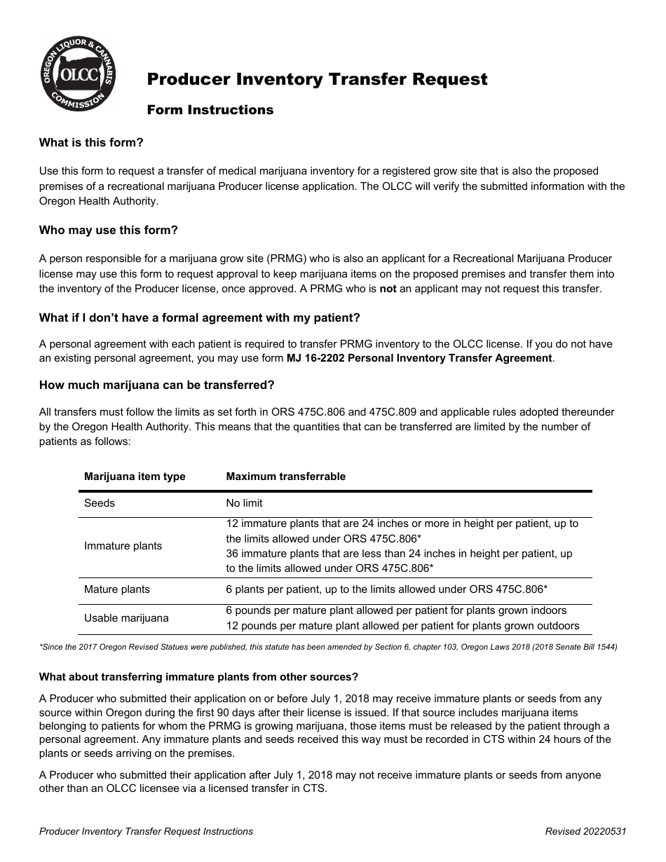 Form MJ16-2201 Supplemental Form - Producer Inventory Transfer Request - Oregon, Page 1