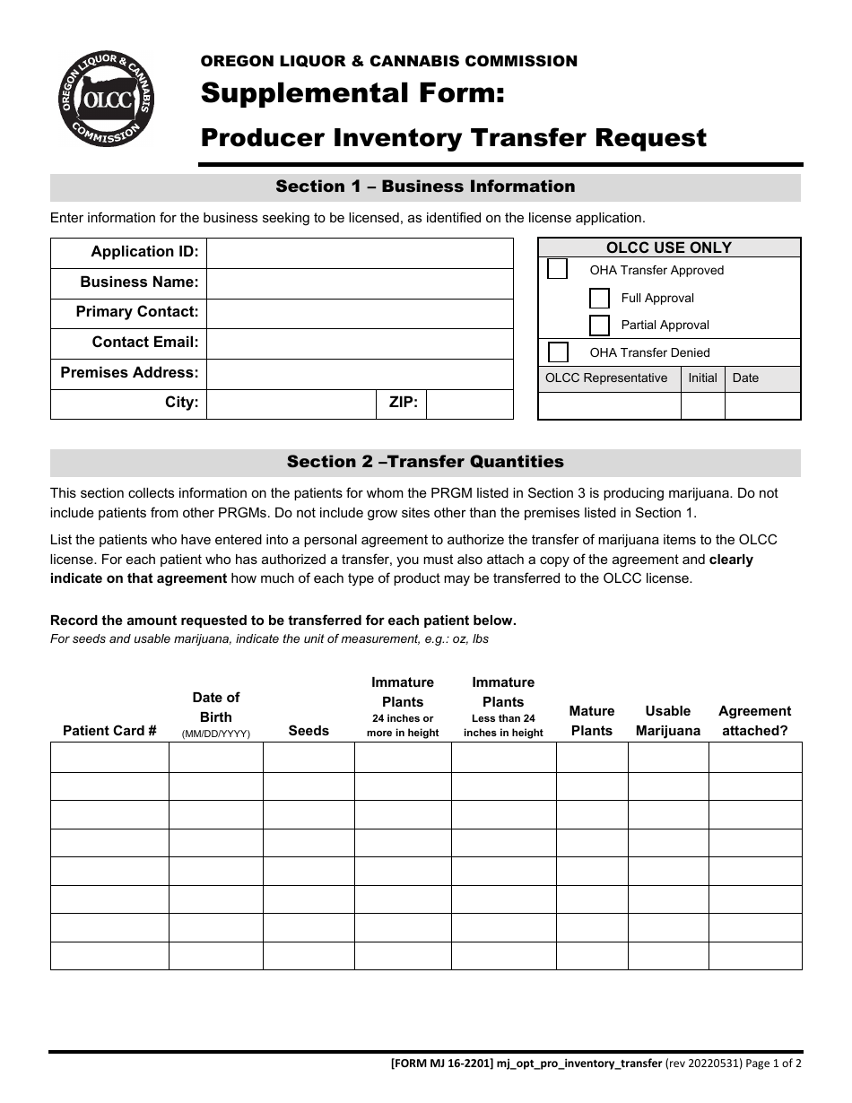 Form MJ16-2201 Supplemental Form - Producer Inventory Transfer Request - Oregon, Page 2